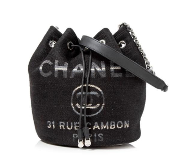 Chanel Drawstring Bucket Deauville Black Canvas Hobo Bag 