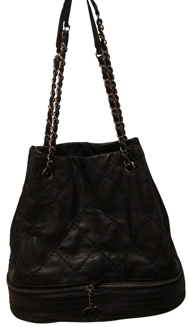 Chanel Drawstring Expandable Tote Black Leather Satchel 