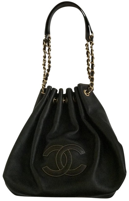 Chanel Bucket Drawstring Vintage Black Leather Hobo Bag 