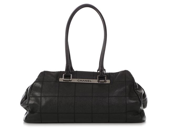 Chanel Duffle Lax Chocolate Bar Quilted Caviar Black Leather Satchel 