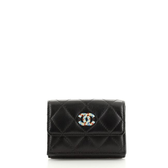 Chanel Egypt Cc Trifold Wallet Quilted Lambskin Black Leather Clutch 