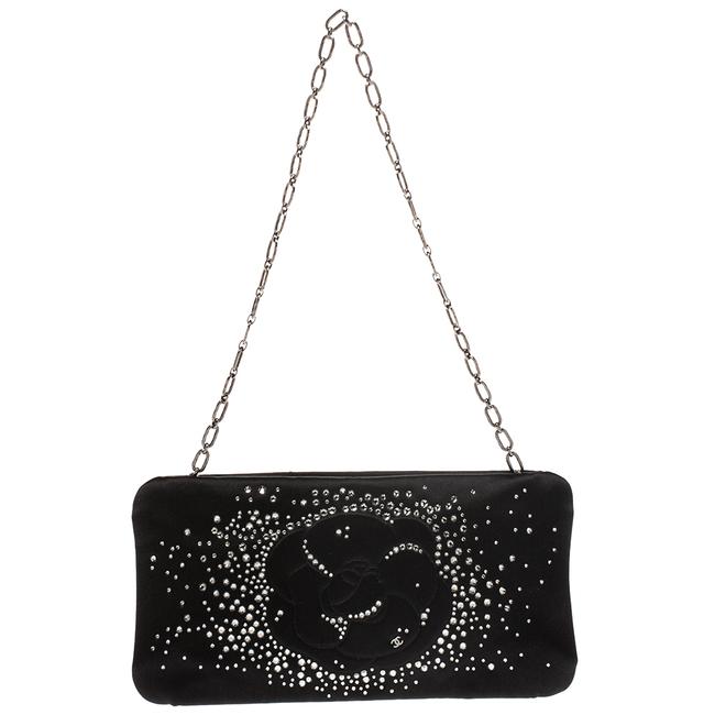 Chanel Embellished Strass Camellia Chain Black Satin Clutch 