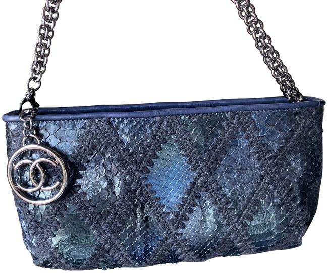 Chanel Evening Bag Blue Green Python Skin Leather Clutch 