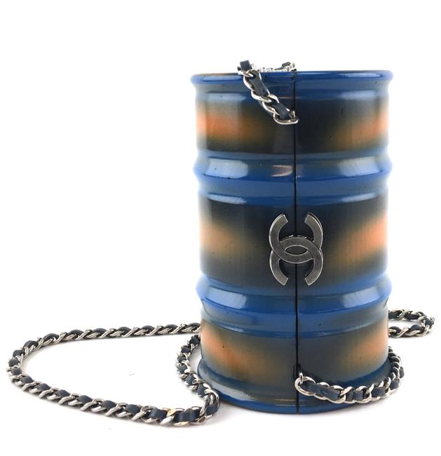 Chanel Evening Bag Clutch Cc Minaudiere Oil Drum Blue Metal Satchel 
