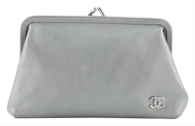 Chanel Evening Cc Frame Lambskin Small Gray Leather Clutch 