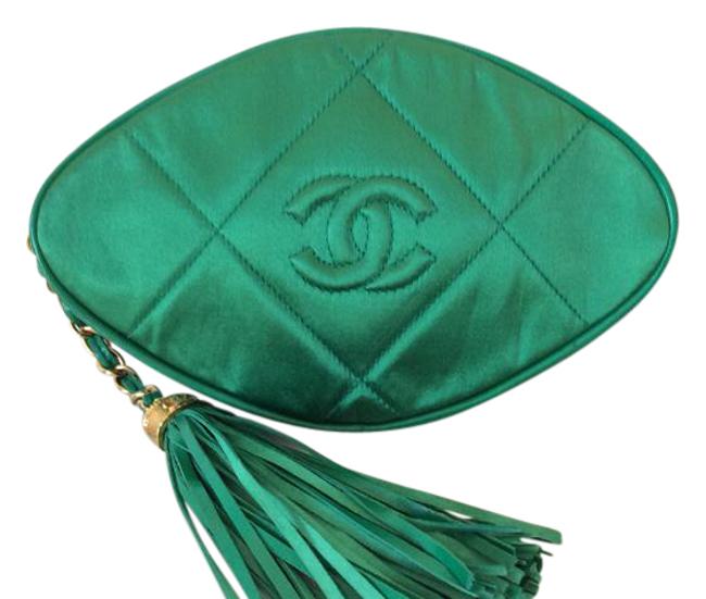 Chanel Evening Rare Vintage Emerald Green Silk and Leather Clutch 