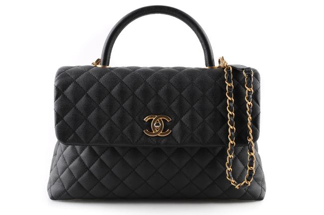 Chanel Flap Bag with Top Handle Black Calfskin Leather Satchel 