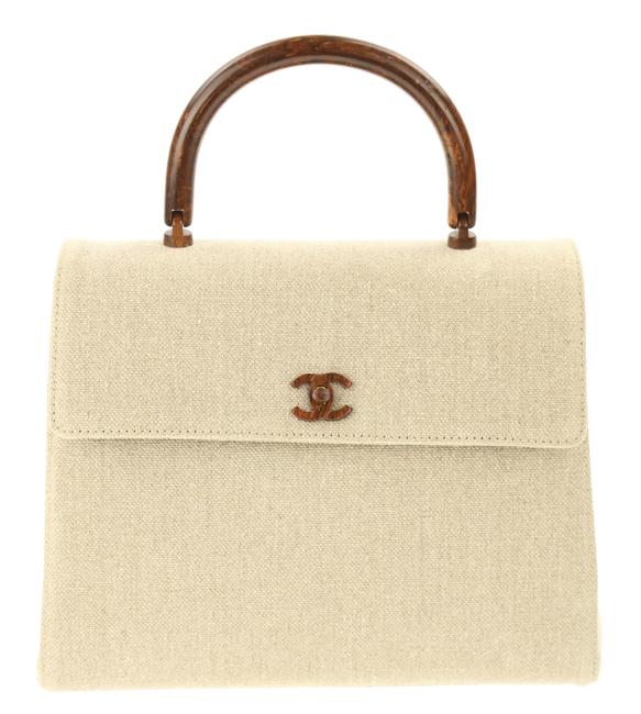 Chanel Flap Bag with Top Handle Wood Beige Canvas Satchel 