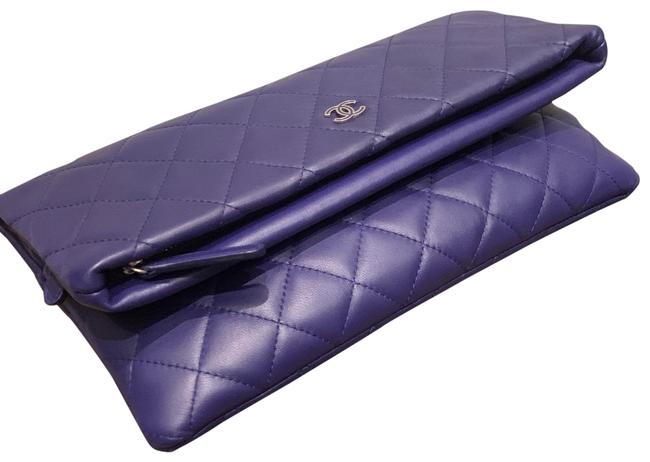 Chanel Fold Over Blue Lambskin Leather Clutch 