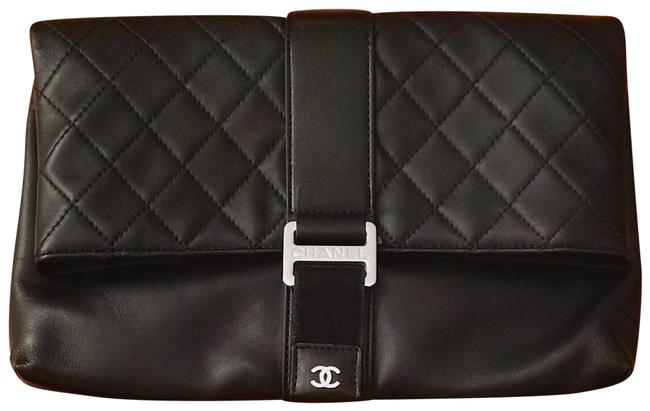 Chanel Fold Over Quilted Lambskin Black Leather Clutch 