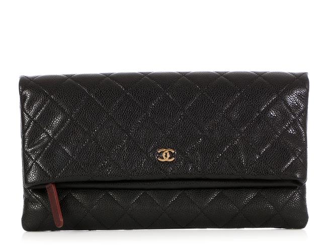 Chanel Foldover Quilted Soft Caviar Black Leather Clutch 