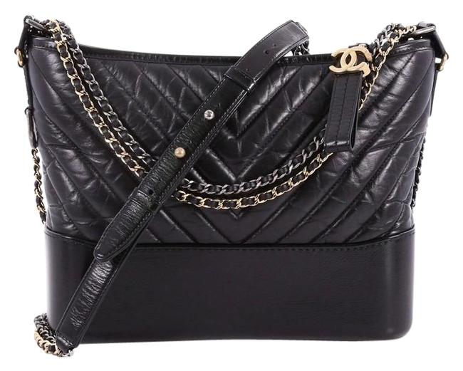 Chanel Gabrielle Chevron Aged Medium Black Calfskin Leather Hobo Bag 