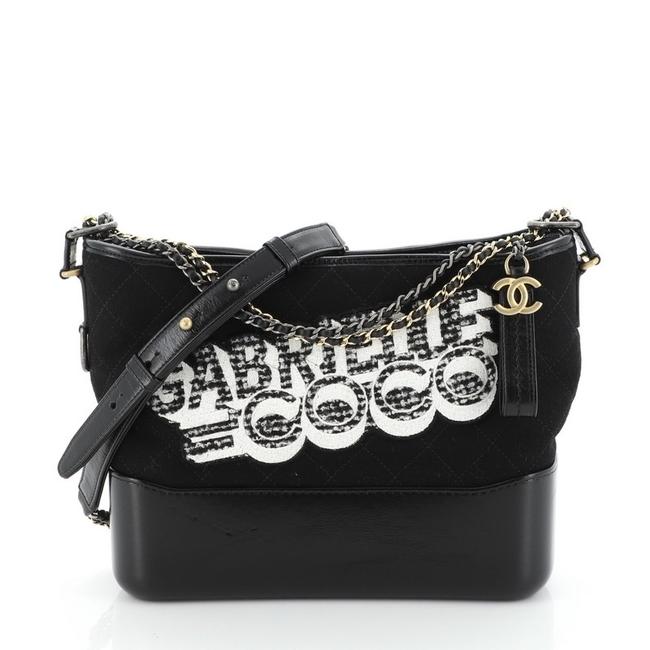 Chanel Gabrielle Logo Quilted and Calfskin Medium Black Leather Felt Hobo Bag 