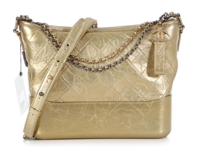 Chanel Gabrielle Medium Part Quilted Gold Calfskin Leather Hobo Bag 