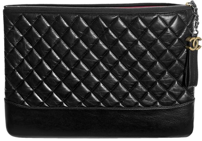 Chanel Gabrielle Quilted Pouch Black Calfskin Leather Clutch 