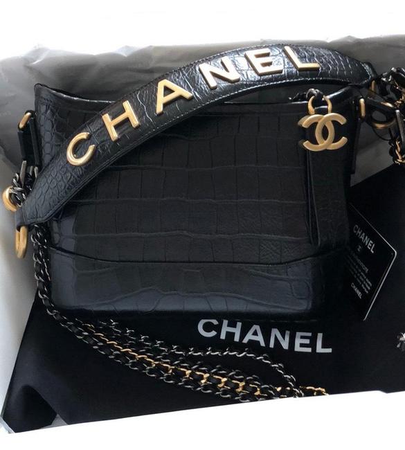 Chanel Gabrielle Small Croc Embossed Black Leather Hobo Bag 
