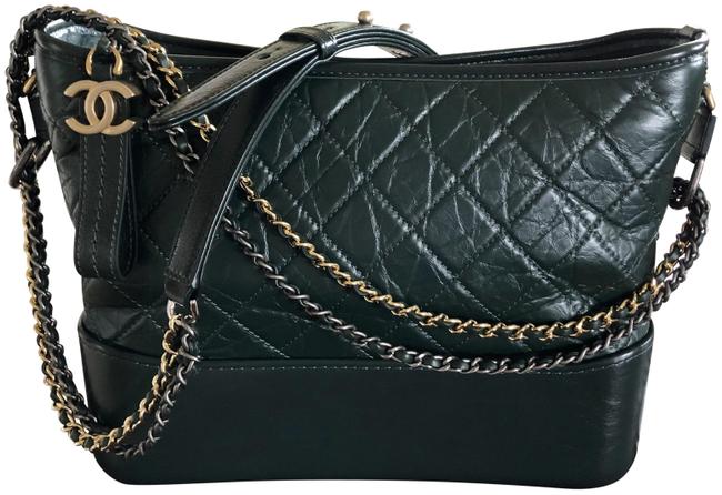 Chanel Handbag Gabrielle Medium Quilted Green Calfskin Leather Hobo Bag 