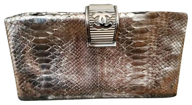 Chanel Handbag Limited Edition Gold Colors Silver Python Skin Leather Clutch 