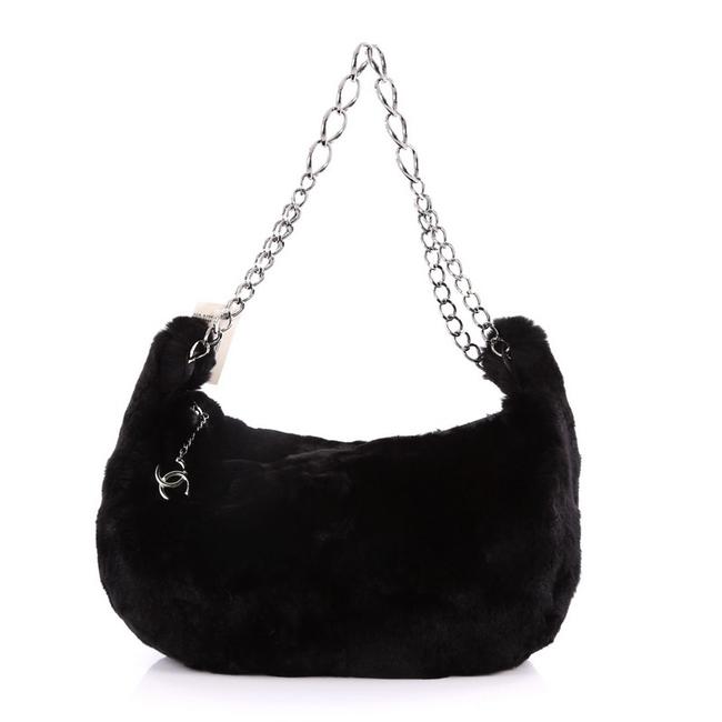 Chanel Chain Link Strap Large Black Fur Hobo Bag 