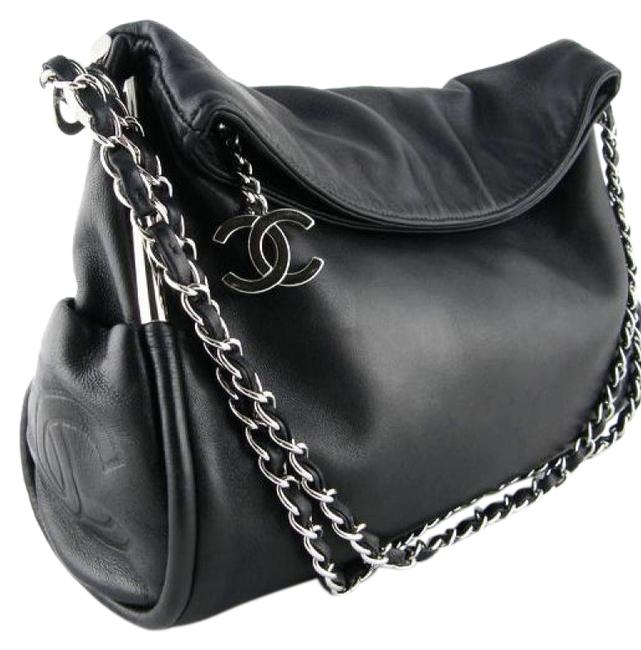Chanel Large Ultimate Soft Black Silver Lambskin Leather Hobo Bag 