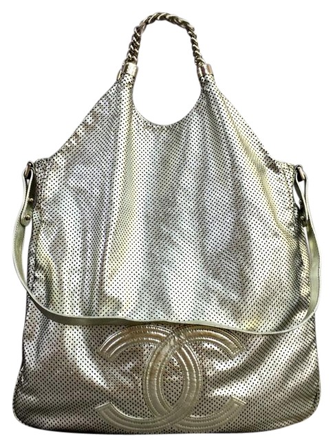 Chanel Rodeo Drive Hobo Silver Calfskin Leather Satchel 