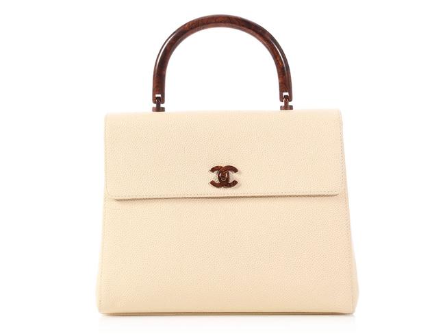 Chanel Kelly Resin Handle Caviar Beige Leather Satchel 