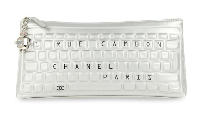 Chanel Keyboard Silver Leather Clutch 