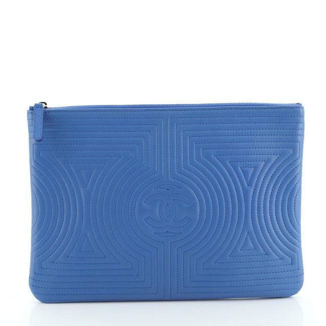 Chanel Korean Garden O Case Quilted Lambskin Medium Blue Leather Clutch 