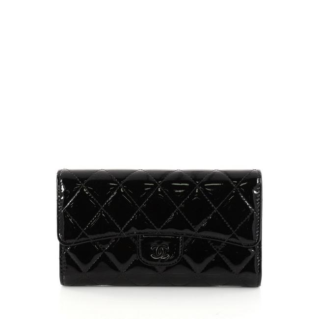Chanel L Flap Wallet Quilted Long Black Patent Leather Clutch 