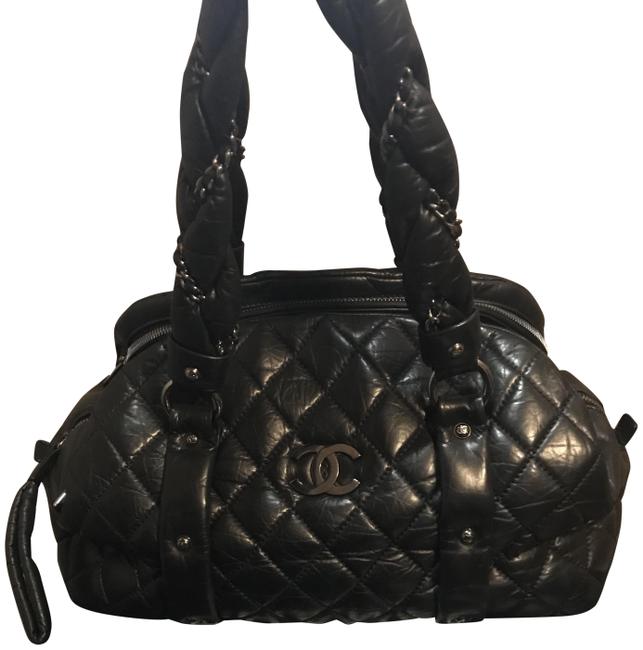 Chanel Lady Braid Bowler Distressed Quilted Black Lambskin Leather Satchel 
