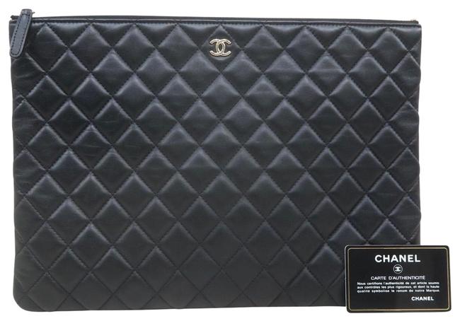 Chanel Large Black Lambskin Leather Clutch 