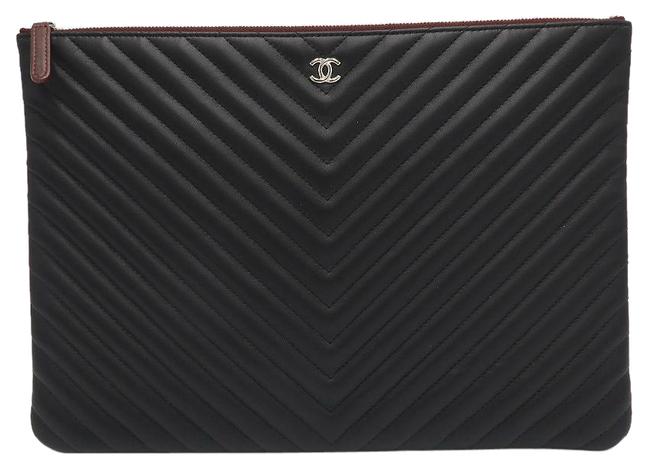 Chanel Large Chevron Ocase Black Lambskin Leather Clutch 