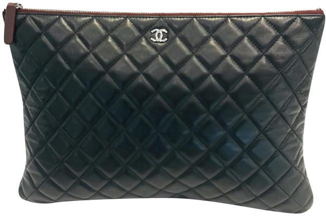 Chanel Large Quilted O Case Black Leather Clutch 
