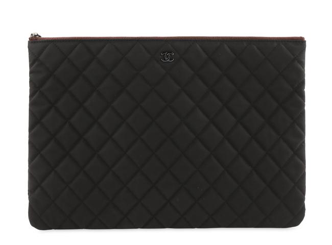 Chanel Large Quilted O case Black Nylon Clutch 