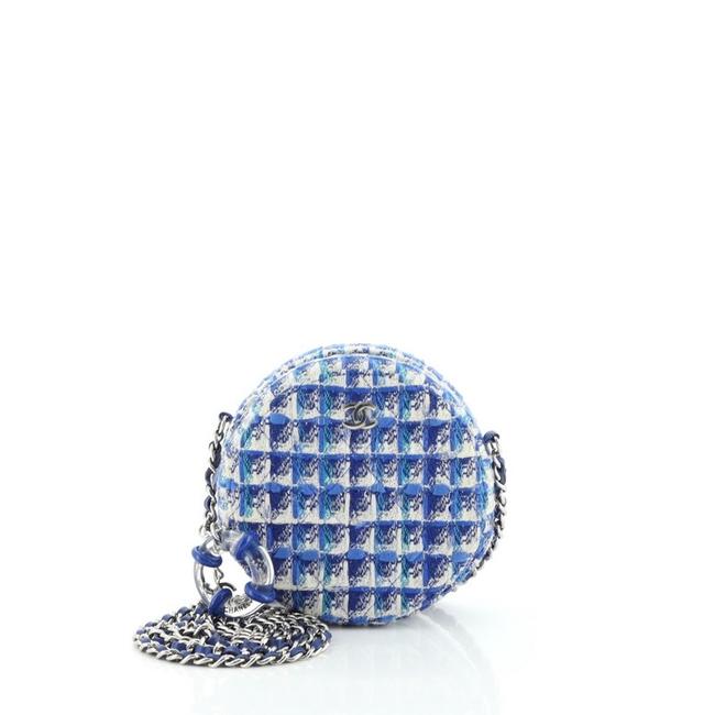 Chanel Lifesaver Round with Chain Quilted Blue Tweed Clutch 