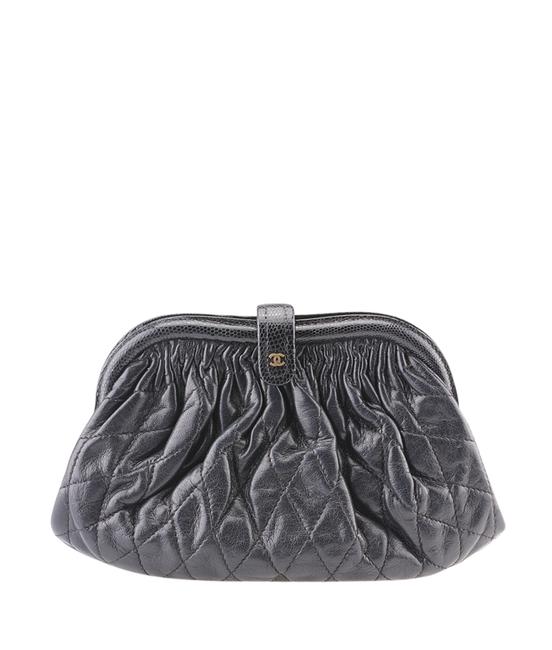 Chanel Lizard Trim Quilted 177549 Black Leather Clutch 