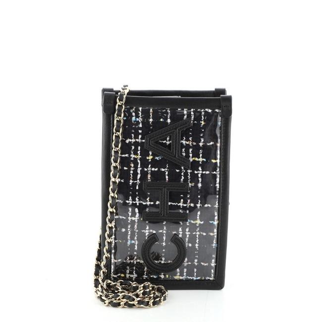 Chanel Logo Phone with Chain Over Quilted Black Leather Pvc Tweed Clutch 