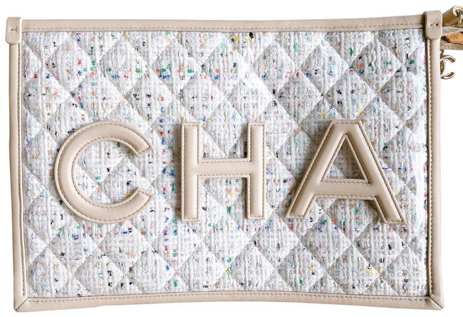 Chanel Logo Quilted Tweed Large Beige Pvc Clutch 