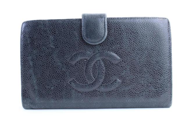 Chanel Long Wallet 215099 Caviar Cc Logo Bifold Black Leather Clutch 