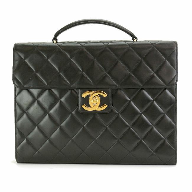Chanel Mademoiselle Vintage Quilted Briefcase Black Lambskin Leather Satchel 