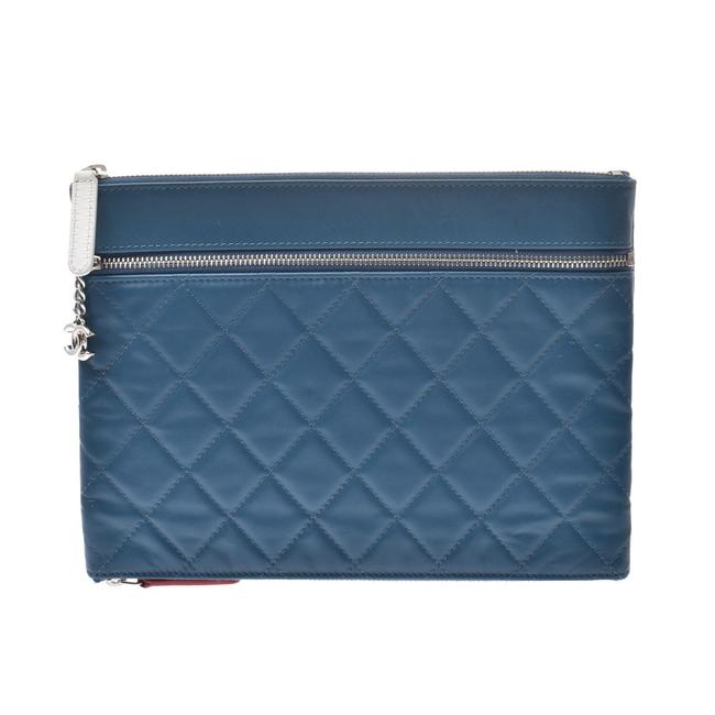 Chanel Matelasse Unisex Pouch Blue Leather Clutch 