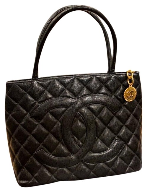 Chanel Medallion Caviar Quilted Tote Black Leather Satchel 