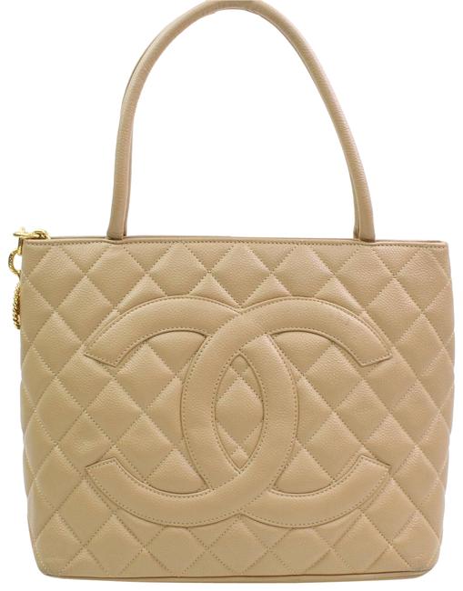 Chanel Medallion Tan Caviar Beige Leather Satchel 