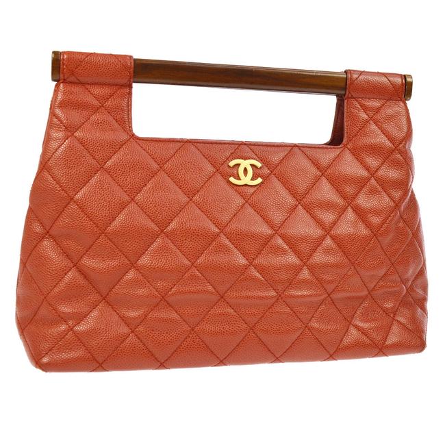 Chanel Melrose Cabas Wood Handle Summer Red Caviar Skin Clutch 