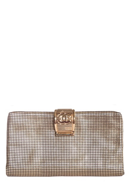Chanel Metallic Cc Fold over Gold Leather Clutch 