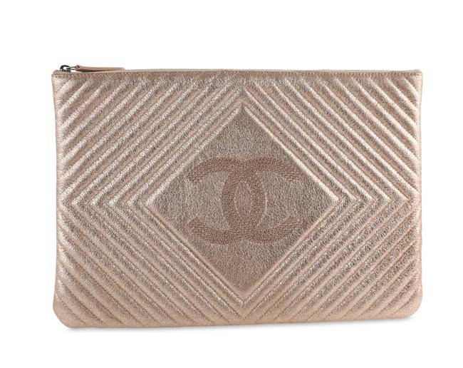 Chanel Metallic Chevron O Case Pink Leather Clutch 