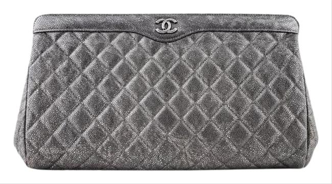 Chanel Metallic Dark Silver Caviar Leather Clutch 