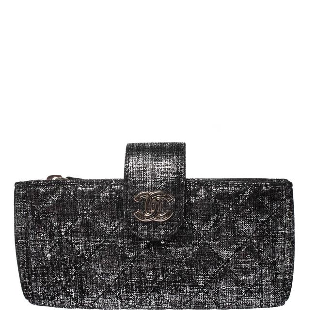 Chanel Metallic Quilted Cc Phone Holder Silver Suede Clutch 