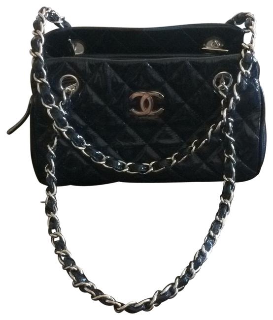 Chanel Navy Quilted with Silver Hardware Blue Patent Leather Satchel 