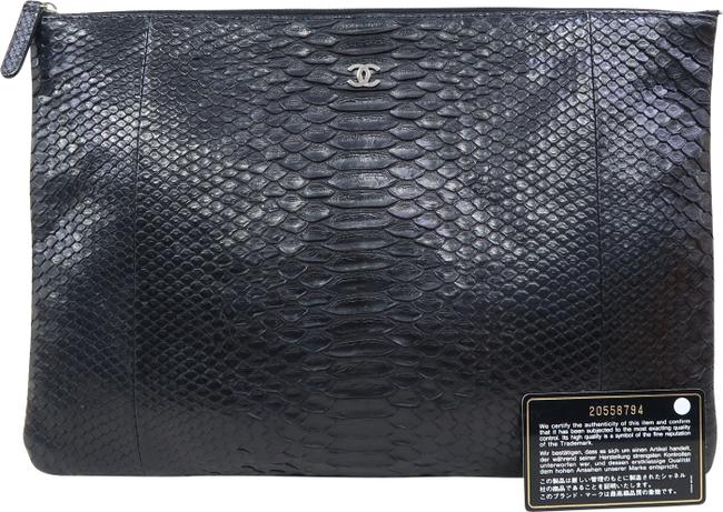 Chanel O case Large Black Snakeskin Leather Clutch 